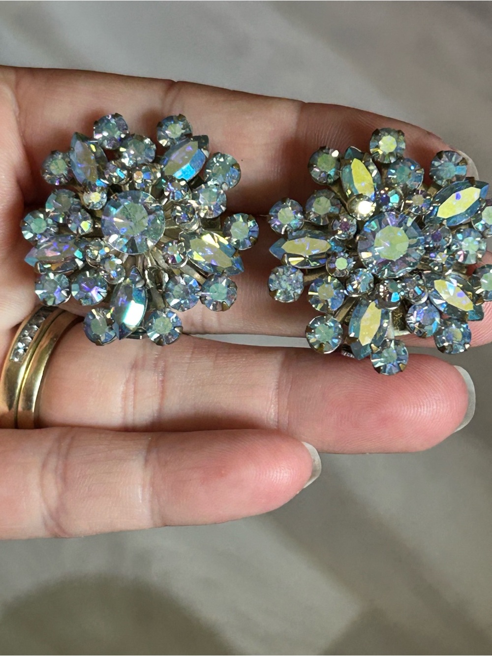 Iridescent Blue Floral Crystal Clip-On Earrings - Women's Jewelry